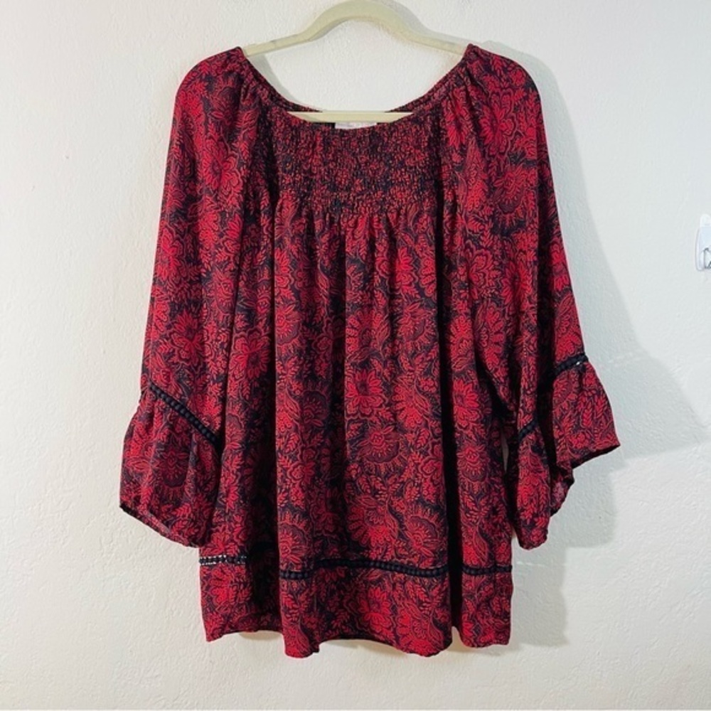 Westport Floral Print Bell Sleeve Blouse Women Size 2X Black/Red Casual